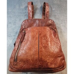 American Leather Co. Brown Embossed Floral Cognac Backpack Gold Hardware Women
